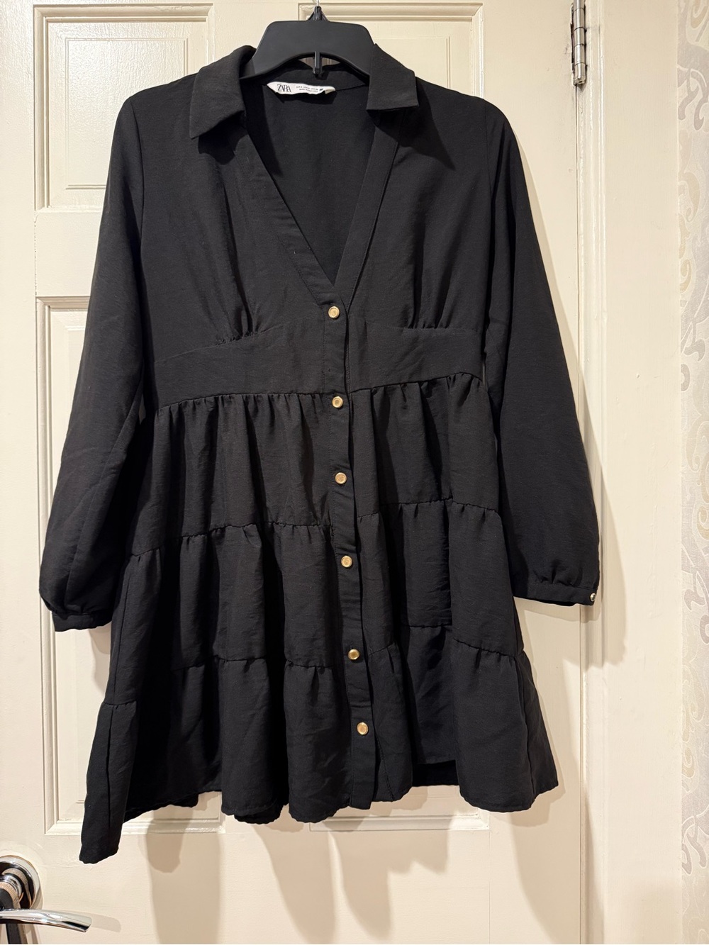 Zara Black Tiered Mini Dress with Gold Buttons